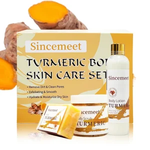 Natural Organic Scrub & Handmade Soap & Body Lotion Skin Care Set for Lightening Skin Turmeric Body Set