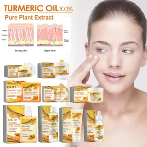 Natural Turmeric Skin Care 9 Pieces Set Acne Dark Spot Removal Whitening Soap Serum Scrub Cream Cleanser Face Body Skincare Set