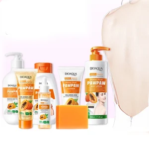 OEM BIOAQUA Papaya Shower Gel Moisturizing Whitening Body Lotion Bath Salts Exfoliating Scrub Body Wash Skin Care Set