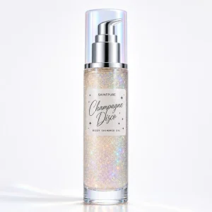 OEM Champagne Disco Body Shimmer Oil Lightening with White Peach Holographic Rainbow Mica All Skin 50ml Private Label