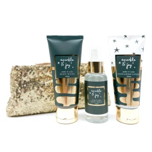 OEM Green Christmas Gift Shower Bath Set 100ml Body Spray Body Wash&Lotion in Glittering Clutch Bag Set for Skin Care