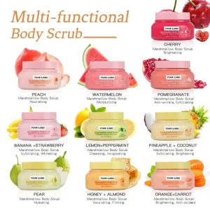 OEM ODM Organic Exfoliating Foaming Body Scrub Coffee Moisturizing Body Scrub Smell Candy Whitening Fruit Sugar Honey Body Scrub