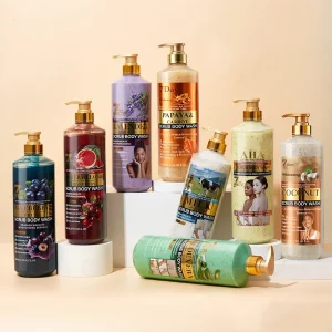 OEM Private Label Half Cast AHA Scrub Shower Gel Whitening Exfoliating Body Wash With Quicksand Particles for Glowing Skin