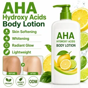 Organic AHA Hydroxy Acids Body Lotion Skin Softening Whitening Radiant Glow Lightweight Private Label ODM