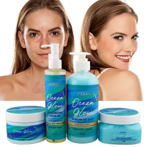 Organic Ocean Blend Formula Skin Care Set Sugar Scrub Shower Gel Whipped Body Butter and Shave Oil Gentle for Sensitive Skin