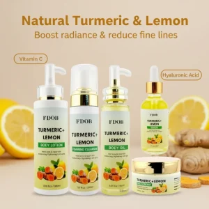 Organic Vegan Turmeric Lemon Face Skin Care Set Natural Whitening Serum Acne Cream Body Lotion Oil Cleanser Radiant Glowing