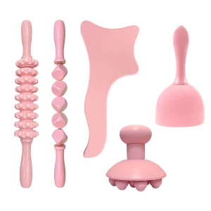 Pink 5Pcs Wood Therapy Massage Tool Natural Set Lymphatic Detoxification Massage Tools