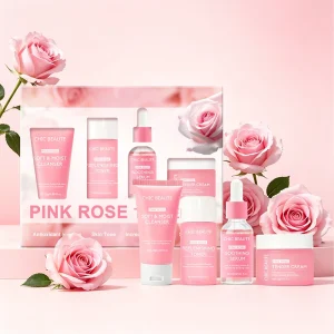 Pink Rose Body Skin Care Set with Kojic Acid Soft Moist Cleanser Replenishing Toner Soothing Serum Tender Cream