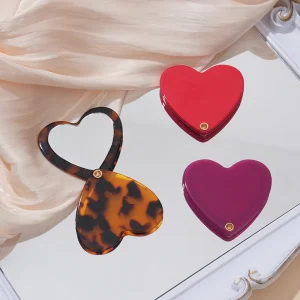 Portable 7.5CM Modern Glass Heart Shaped Durable Acetate Mirror Comb for Women Girls Daily Use