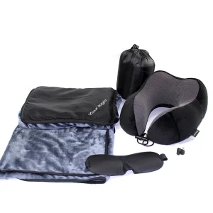 Portable Adjustable Neck Pillow Breathable Machine Washable Travel Essentials Kit 100% Memory Foam Airplane Pillow & Blanket