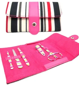 Premium Stripe Pink Case of Grooming Girls Lady Design Beauty Nail Gel Polish Remover Clipper Tools Kit