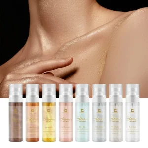 Private Label Custom Vegan Liquid Makeup Face Hair Body Glow Shimmer Oil Mist Bronzer Highlighter Glitter Spray