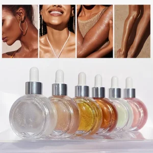 Private Label Glitter Powder Transfer Proof Sunscreen in Glass Bottle Skin Care Product Body Shimmer Oil