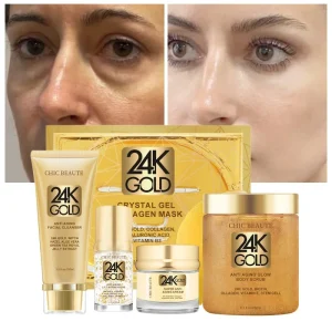 Private Label Luxury 24k Gold Skin Care Set Face Cleanser Serum Cream Body Scrub Facial Mask Anti-Aging Anti-Wrinkle