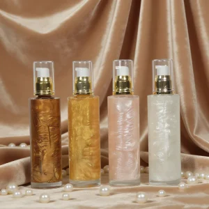 Private Label Natural Shimmer Body Oil Custom Logo Glow Highlighter Oil for Party Club Night Coconut Mango Bronze Glow