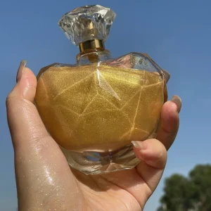 Private Label Scented 100ml Heart Shape Glitter Shimmer Bronze Dry Oil Glass Bottle Body Shimmer Oil