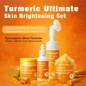 Private Label Turmeric Skincare Set OEM Vitamin C Brightening Kit Custom Face Oil Cleanser Pads Body Scrub 4-in-1