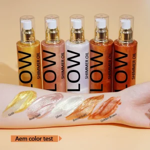 Private Label Vegan Shimmer Body Oil Makeup Skin Glow Highlighter Bronzer Glitter Makeup Private Label Liquid Highlighter Body