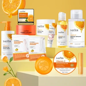 SADOER Skin Care Set Natural Vitamin C Whitening Face Hand Eye Body Lotion Moisturizer Oil Exfoliating Gel