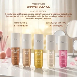 SHIMMER BODY OIL Vitamin E Jojoba Oil Mineral Oil Glycerin Golden Highlight Illuminates Evens Skin Tone Moisturizing Contouring