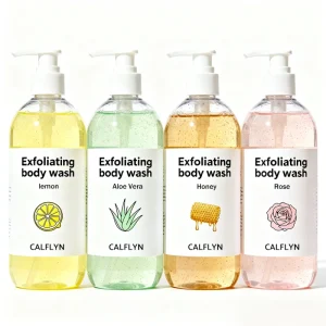 Shower Gel OEM ODM & Private Label Exfoliating Body Wash Lemon Aloe Vera Honey Rose with Natural Scrub Particles Hydrating