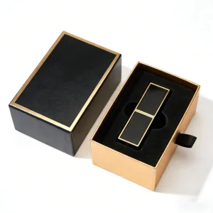 Sliding Drawer Rigid Paper Packaging Boxes Ribbon Custom Textured Art Paper Surface Gold Foil Empty Cosmetic Skincare