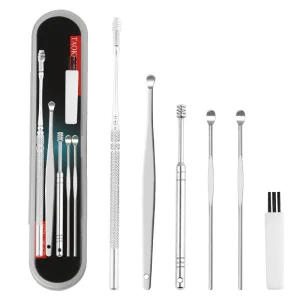 Small Earpick 6 piece Set with Silver Tape Box Earpick Spoon Earwax Digging Ear Cleaner Personal Care Tools