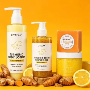 Turmeric Skin Care Body Lotion Whitening Soap Exfoliating Scrub Shower Gel Turmeric Vitamin C Bath Body Care Set