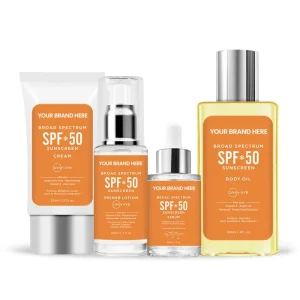 UV Protection OEM Private Label Skin Care Sunscreen Cream Face Serum Primer Moisturizer Lotion Body Oil Set with SPF 50