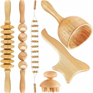 Wood Beads Back Massager Therapy Tools Straight Roller Stick Gua Sha Paddle Kit 16PCS Wooden Massage Sets