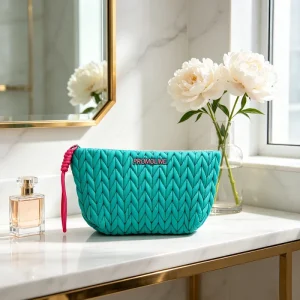 Woven Texture Cosmetic Bag Teal Zipper Makeup Pouch for Travel Skincare Toiletry Gifts Bulk