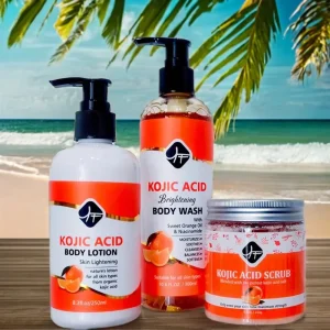 Your logo Best &Hot Selling KOJIC Natural Organic Scrub & BODY WASH & Body Lotion Skin Care for LIGHTENING Skin KOJIC ACID Set