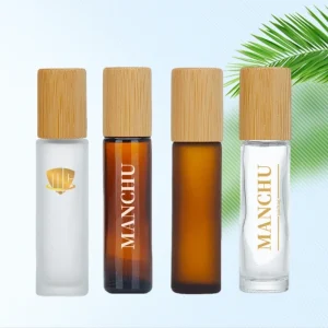 clear Frosted Brown Glass Empty Essential Oil Perfume 5ml 10ml 15ml Bamboo Lid Metal Ball Roll on Glass Bottle